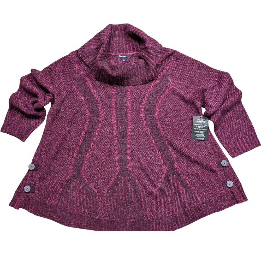 Roamans 1X Burgundy Pink‎ Textured Cowl Neck Button Accent Tunic Sweater NWT